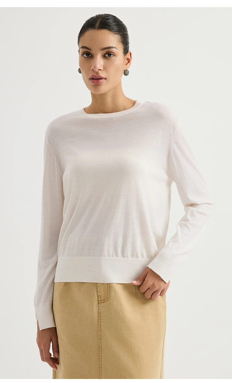 BY3621740 Damen-Pullover mit Rundhalsausschnitt, 100% Wolle, Feinstrick, Langarm, Manschettenschlitz, Kettenabzeichen, entspannte Passform, Bürokleidung, Frühherbst – Detail 3