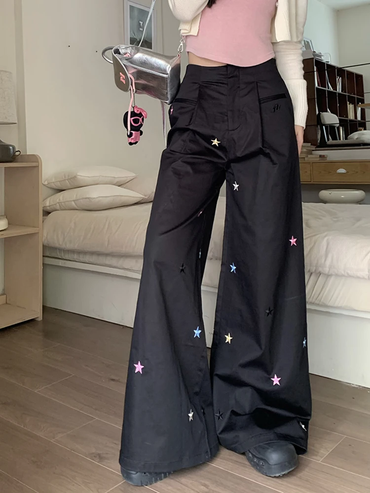 Fashion Y2K Embroidered Cargo Pants Black Women High Waist Wide Leg Harajuku Loose Casual Oversized Trousers Streetwear Pants