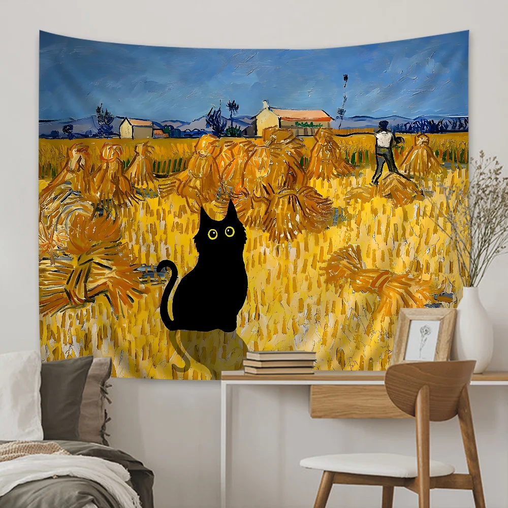Van gogh czarny kot gobelin druk artystyczny tanie hipisowskie wiszące artystyczne gobeliny ścienne Mandala Art Home Decor