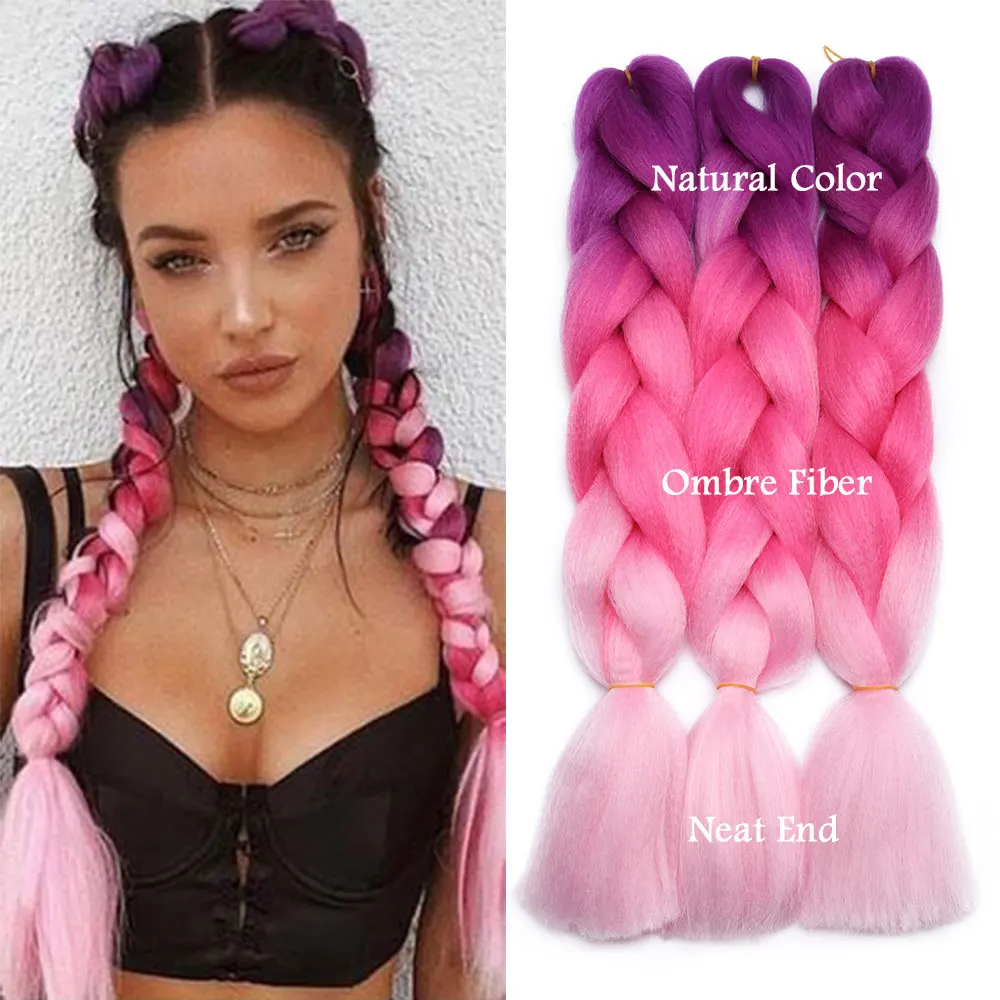 S-noilite 24 Inch Synthetic Box Braiding Hair Extensions Ombre Rainbow DIY Jumbo Pink Red Blue Women's Hairstyle Extension