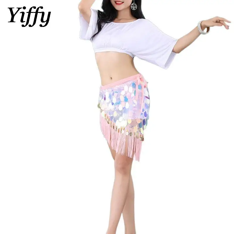 Belly Dance Hip Scarf Elegant Top Sexy Tassel Sequins Waist Scarf Wrapped Hip Short Skirt Oriental Dance Training Suit Set