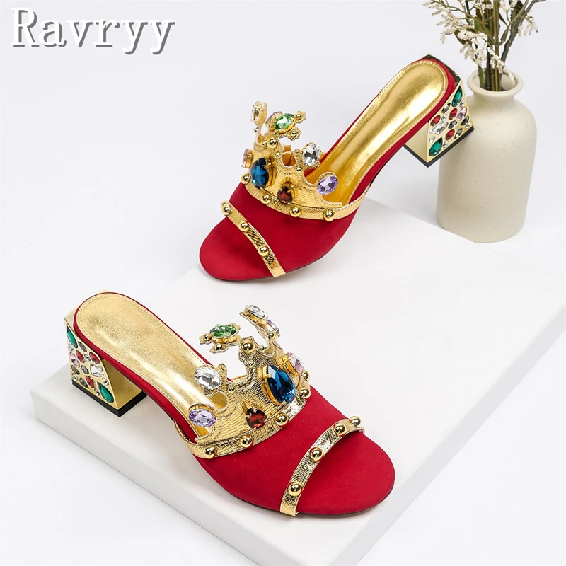 Women's Crown Ornament Heeled Mules Velvet Crystal Rhinestone Block Heel Sandals Parties, Weddings & Evening Events