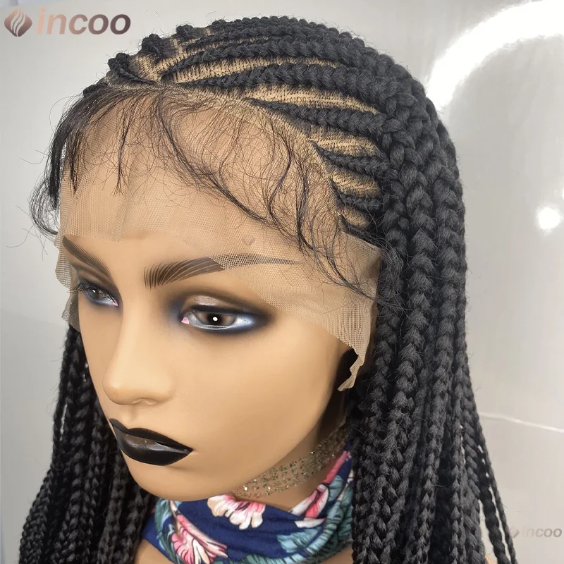 

36Inch Synthetic Cornrow Box Braided Wigs For Black Women Full Lace Front Wig Knotless Box Braiding Wigs with Baby Hair