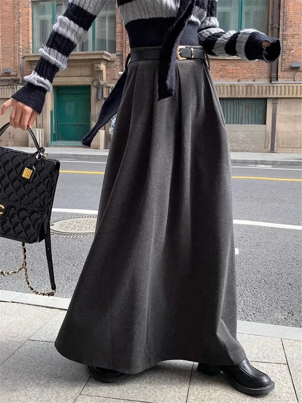 

Vintage Wool Elegant Long Skirts Women Winter High Waist Harajuku Loose Fashion Classic Females Streetwear Cozy Simple Maxi Saia