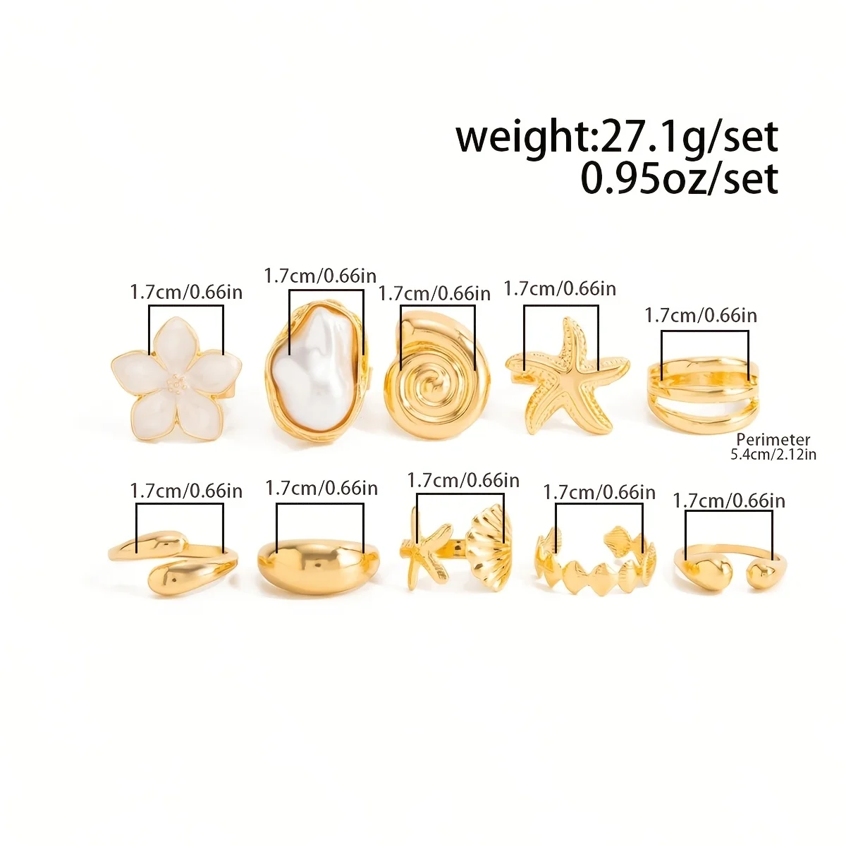 10 piece Bohemian Ocean Style Starfish Ring Set, suitable for daily beach vacation wear, can be used as a game prize or gift