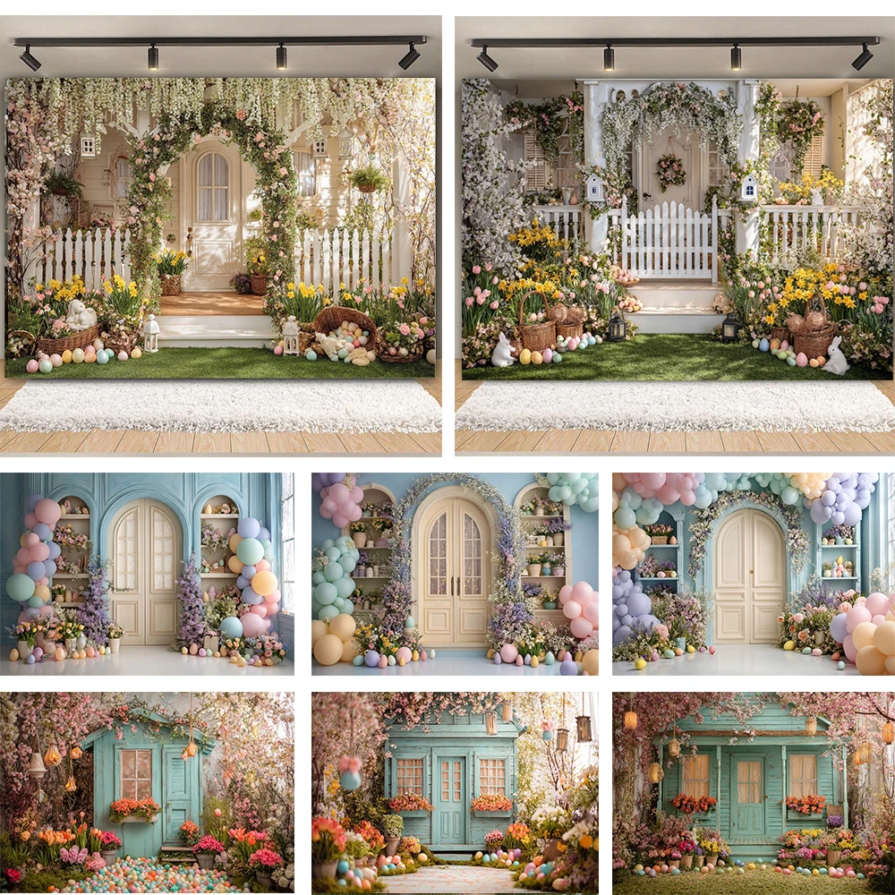 

Spring Easter Photography Backdrop Flowers Balloons Arch Door Easter Eggs Baby Shower Kids Birthday Decoration Photo Background