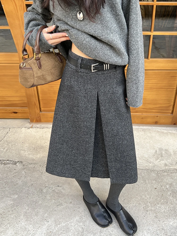 

Женская шерстяная юбка А-силуэта миди с разрезом, зимняя, модная, свободного кроя, стройнящая, деловая, повседневная, с высокой талией, плиссированная