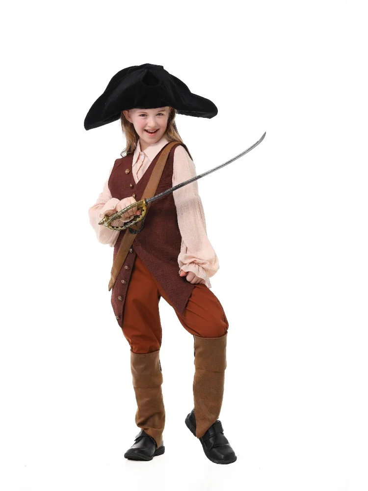 Erwachsenen-Vintage-Piratenkostüm, Gerüschte Bluse, Knopfweste, Schwarzer Dreispitz, Halloween-Bühnenauftritt, Ausgefallenes Outfit-Set – Detail 15