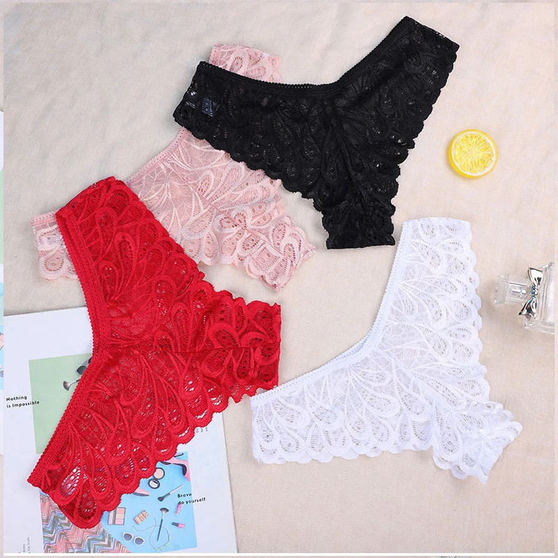 4 Pcs/Lot Women\'s Lace Sexy Panties Underwear Female Underpants Solid Color Transparent Panty Intimates Low-Rise Lingerie Briefs