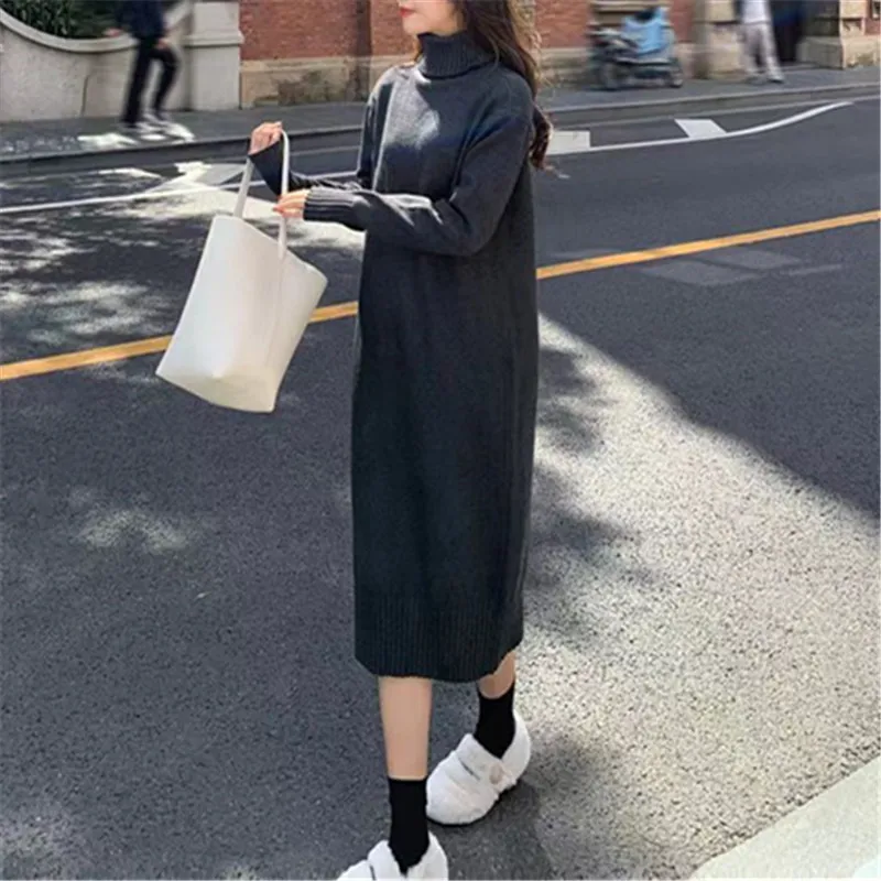 Abito lungo lavorato a maglia da donna primaverile Autunno Inverno Maglione allentato da donna Pullover Dolcevita Abiti casual solidi Donna Плаusе