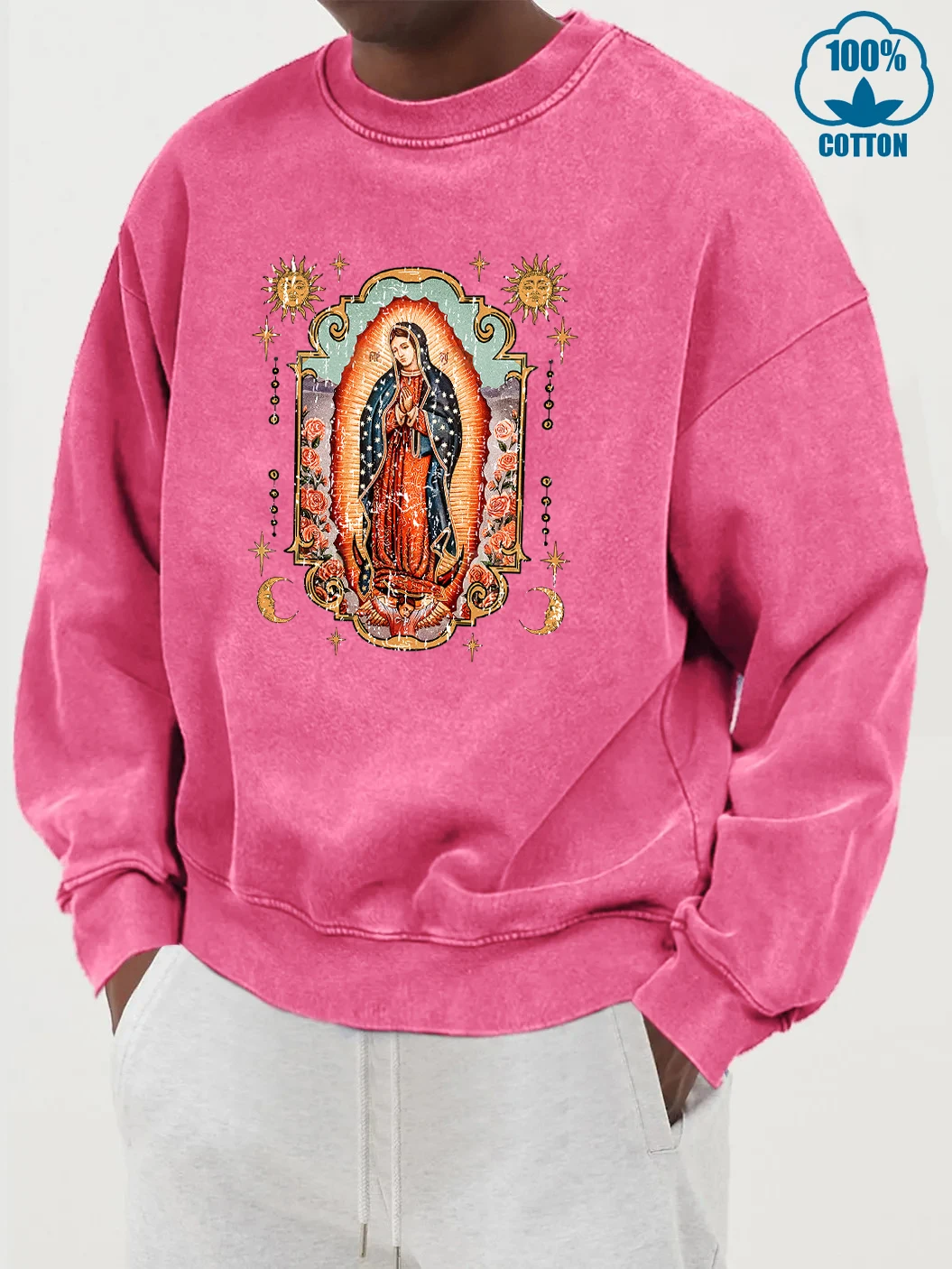 

Our Lady Of Guadalupe Printed Men Washed Cotton Sweatshirts Soft Loose Pullover Autumn Warm Hoodies All-Match Fashion Streetwer