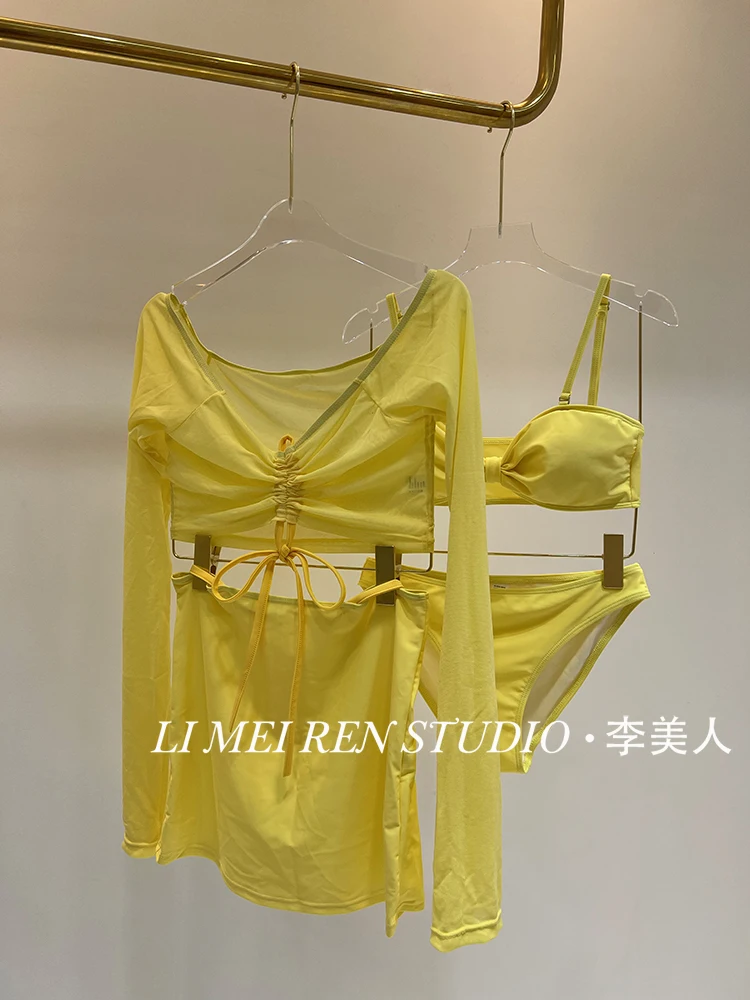 

Новый женский купальник с разрезом на плечах и длинными рукавами, сексуальное утягивающее желтое бикини в стиле горячих источников