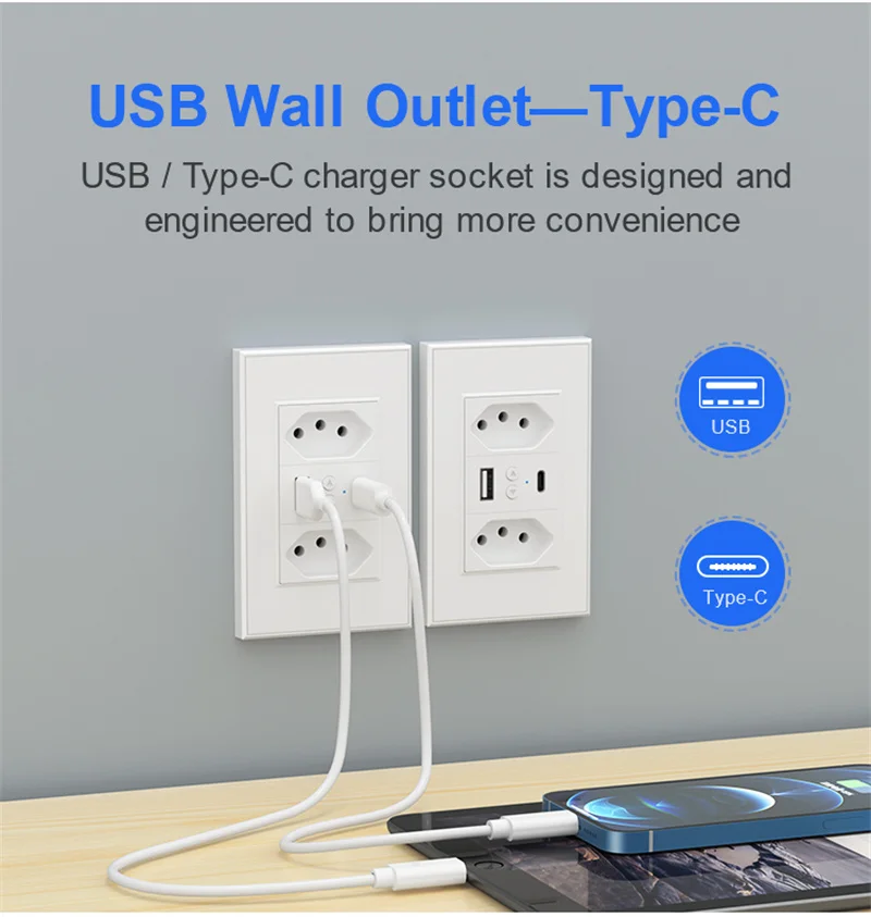 Brazil Standard USB Socket Wall Power Plug AC 110V-240V Power Socket Outlet Type C 120mm*72mm Timer Voice Control WiFi / Zigbee