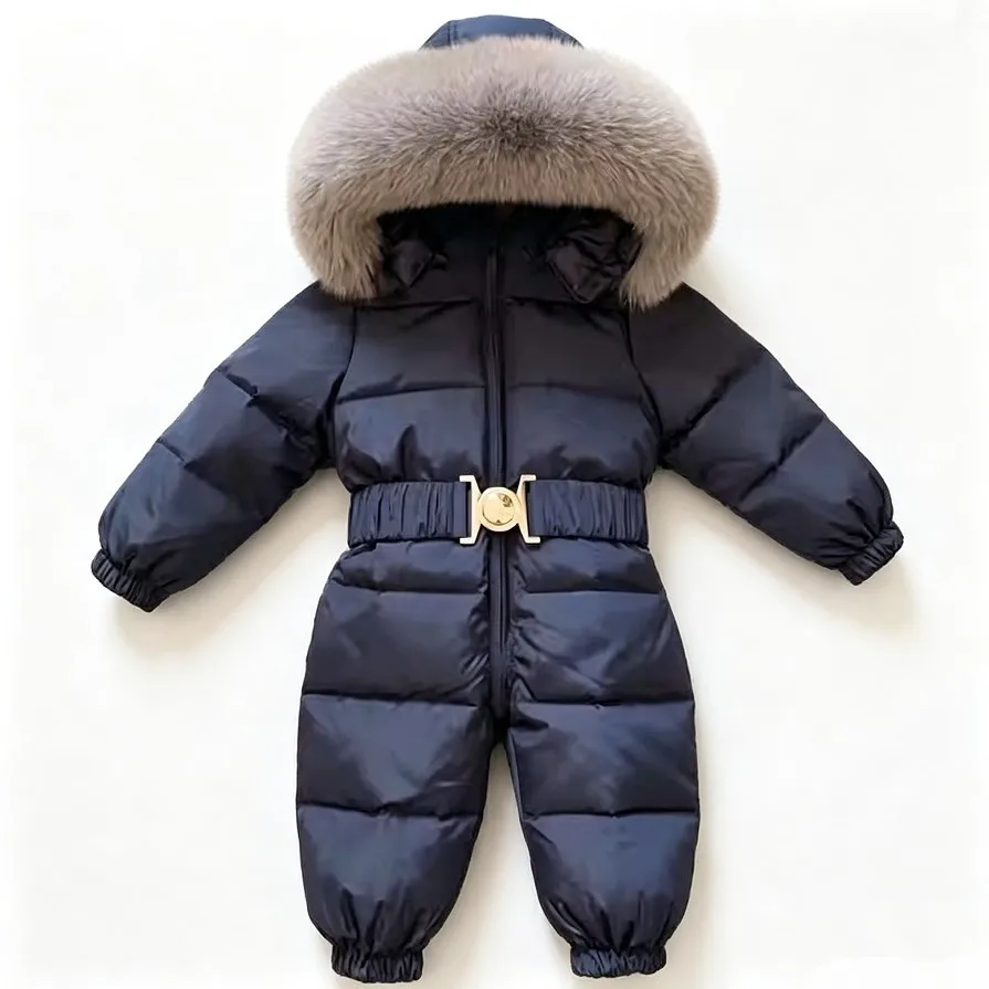 Baby Navy Winter Snowsuit Big Faux Fur Hood Waist Belt One Piece Jumpsuit Toddler Warm Thick Snow Romper -30 Outwear A4759