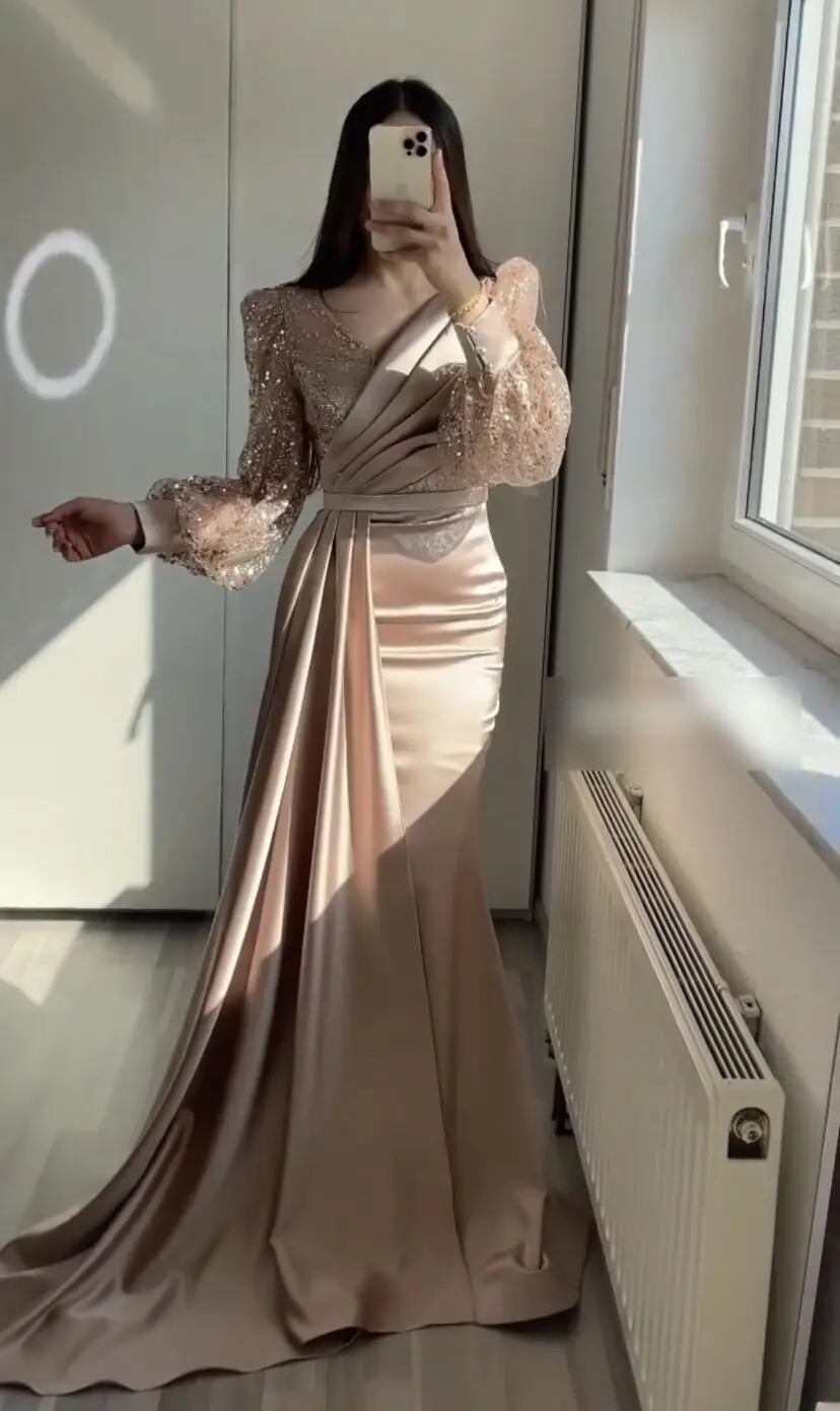 Robe de soirée sirène en Satin vert émeraude, col en v, paillettes, manches longues bouffantes, robe de soirée de mariage