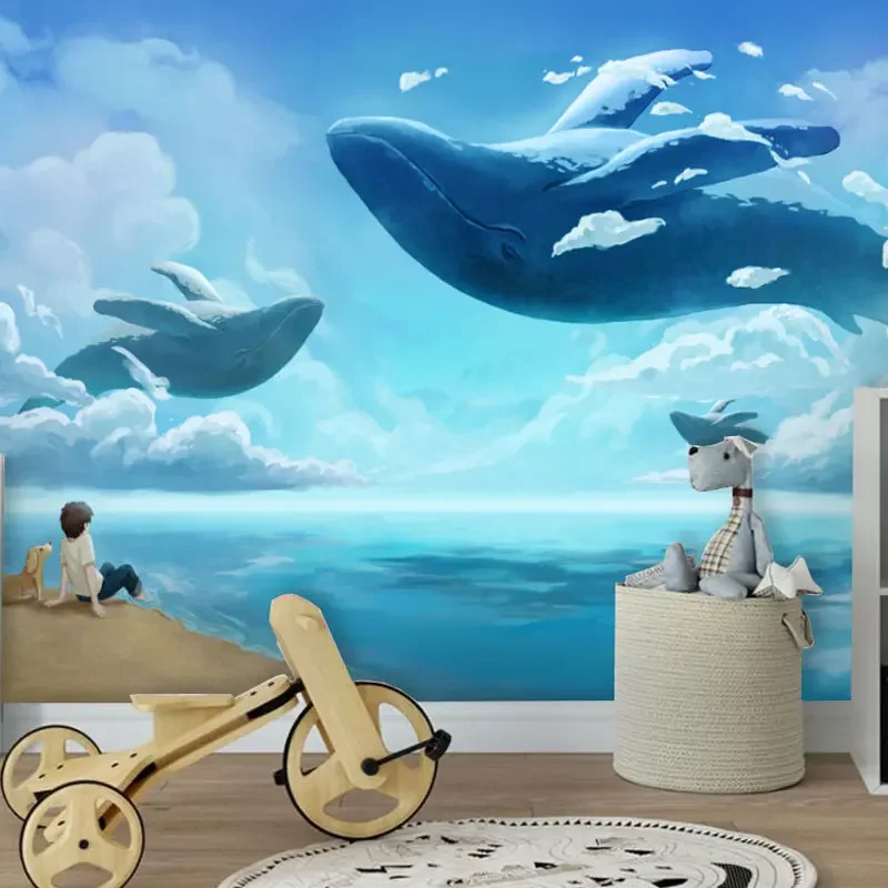 Custom Nordic fantasy ocean cloud whale wallpaper for children's room boys girls murals wallpaper bedroom wall cloth background