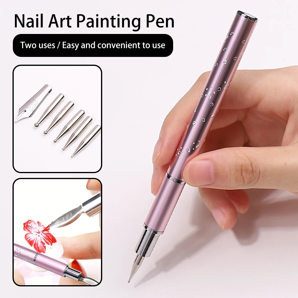 5In1Nail Art Dotting Pen Fountain Pen Tip Painting Drawing Carving Dotting Pen FlatFan Liner Acrylic Gel UV Polish Tool Manicure