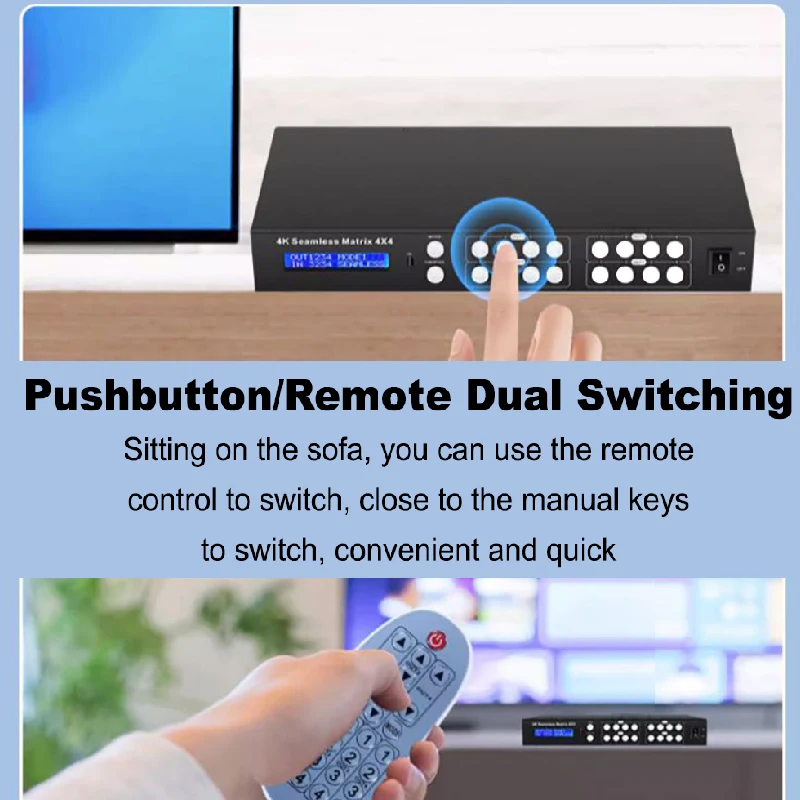 4k HDMI Matrix 4 in 4 Out HDMI 2.1 Video Switcher Splitter + L/R Audio Output,Seamless video matrix switcher with IR Remote