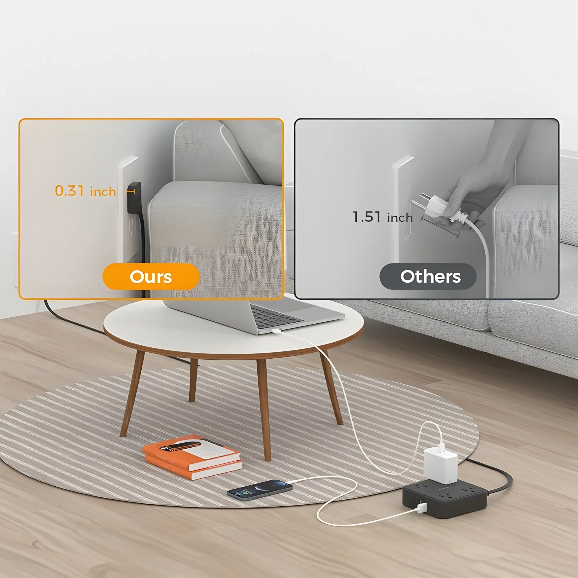 TESSAN Multi-contact Power Strip with Surge Protector Flat Plug Multiple Connector with 4 Outlets and 3 USB(1 Type C)