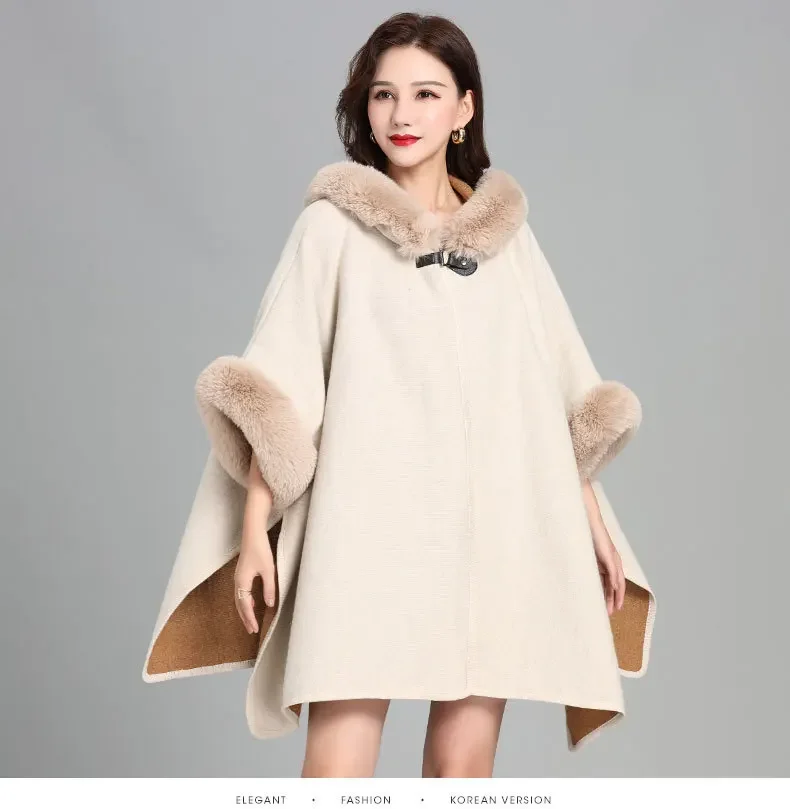 

11 Colors Winter Warm Oversize Poncho Outstreet Wear Faux Woolen Big Pendulum Loose Cloak Women Rabbit Fur Long Coat With Hat