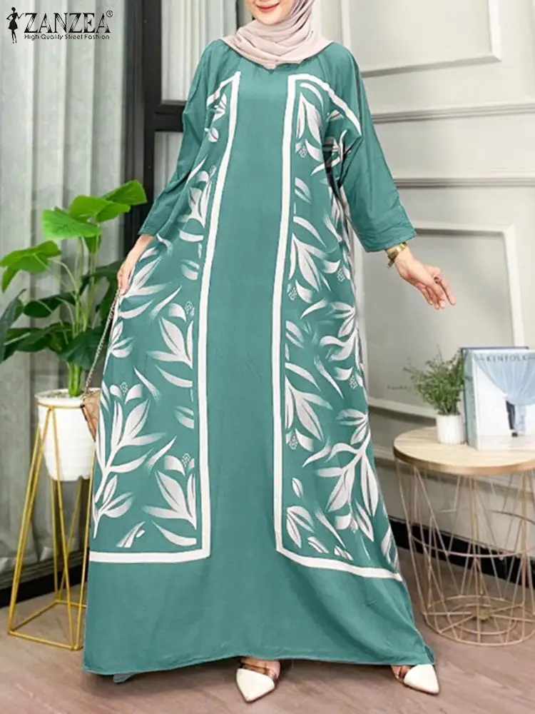 ZANZEA-Robe Maxi Longue Style Bohème pour Femme Musulmane, Abaya, Hijab, Éducatif, Dubaï, Turquie, à Manches sulf, Kaftan Imprimé, à la Mode