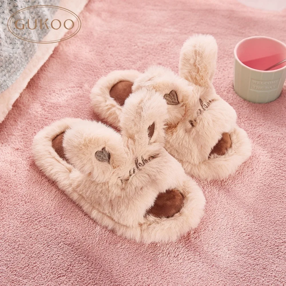 Rabbit plush slippers home non-slip ladies flat-bottomed soft and warm plush cotton slippers can be worn outside