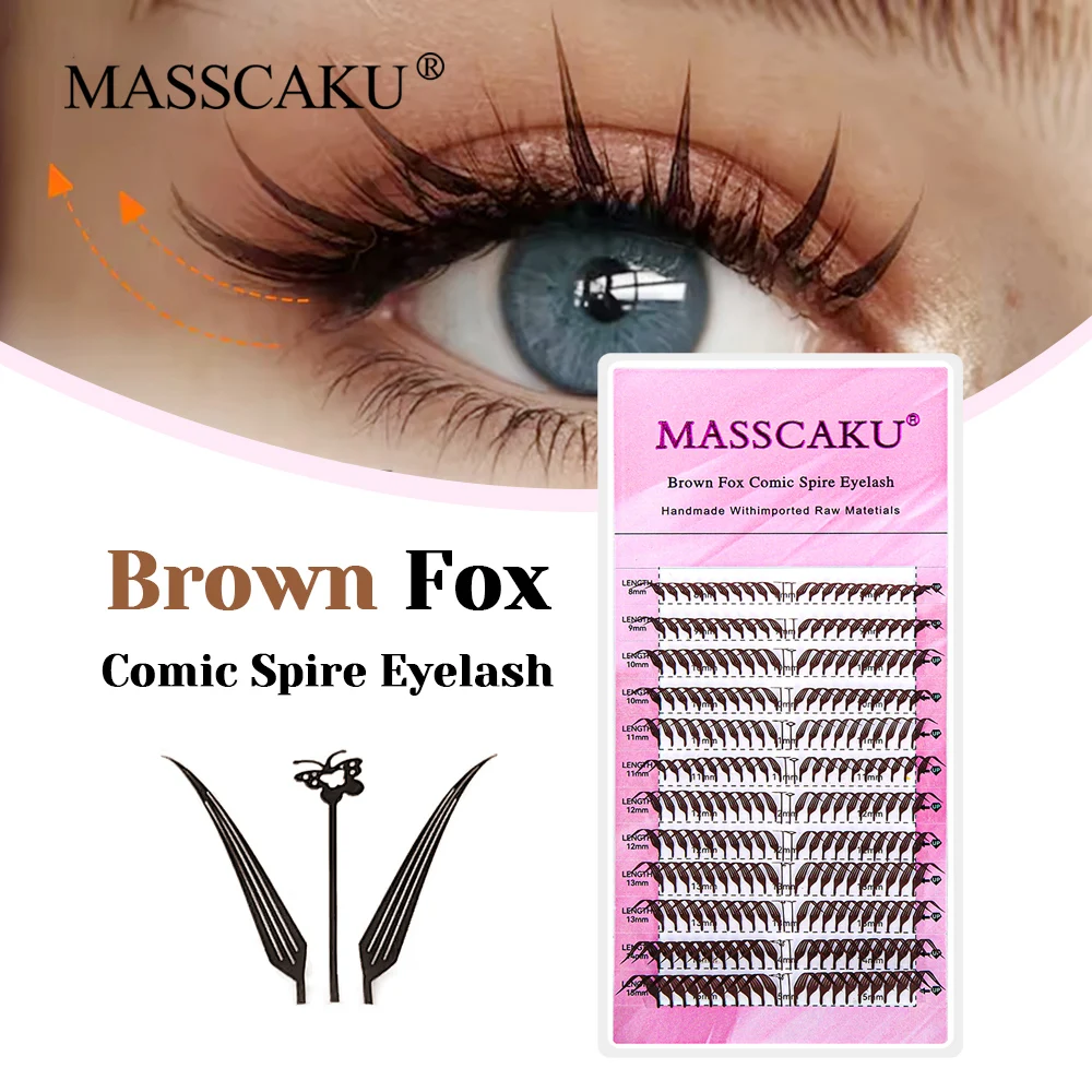 

MASSCAKU Brown Fox Feather Shaped Eyelashes Premade Fan Comic Spire Eyelash Extensions 0.07mm Thickness Mix Length Comic Lashes