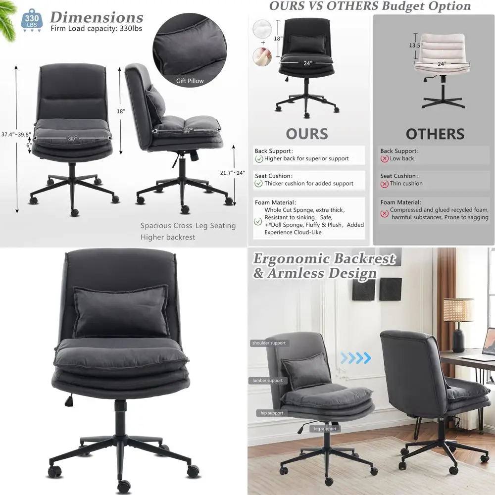 

Modern Grey Microfiber Swivel Chair with Adjustable Padded Seat for Home Office and Vanity, 18 High Back, Armless with Wheels