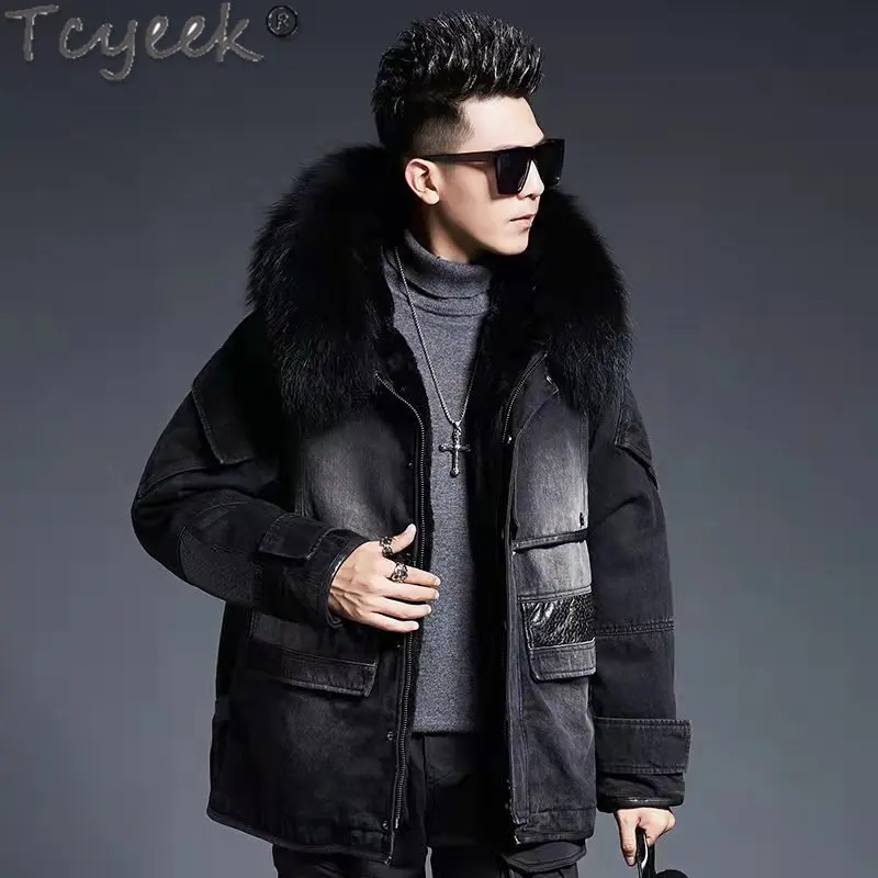 

Tcyeek 2023 New Cowboy Parka Men Slim Korean Man Clothes Rabbit Fur Liner Mid-long Real Fur Coat Winter Warm Raccoon Fur Collar