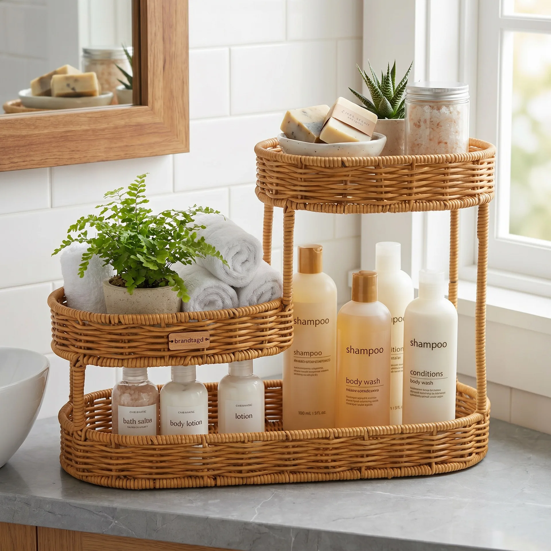 Woven rattan bathroom handwashing countertop storage rack, light luxury kitchen desktop makeup supplies three-tier