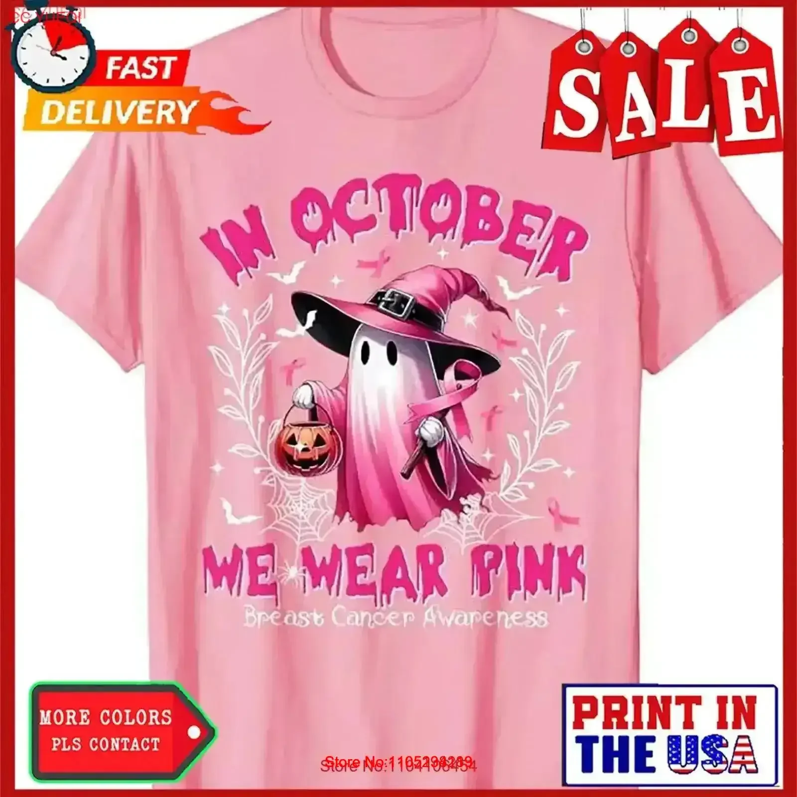 

In October We Wear Pink Ghost Witch Breast Cancer Awareness T Shirt vintage Washed Stretched Versatile fashion homme vintage