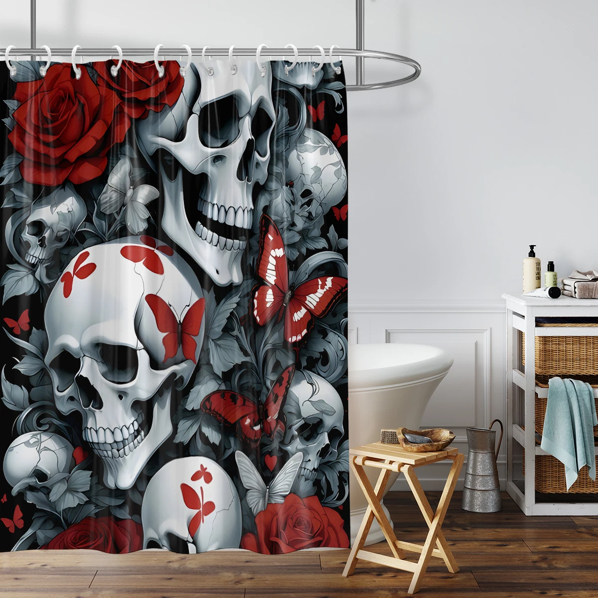 1pc  waterproof fabric curtain with Halloween skull rose  elements, suitable for bathrooms or kitchens