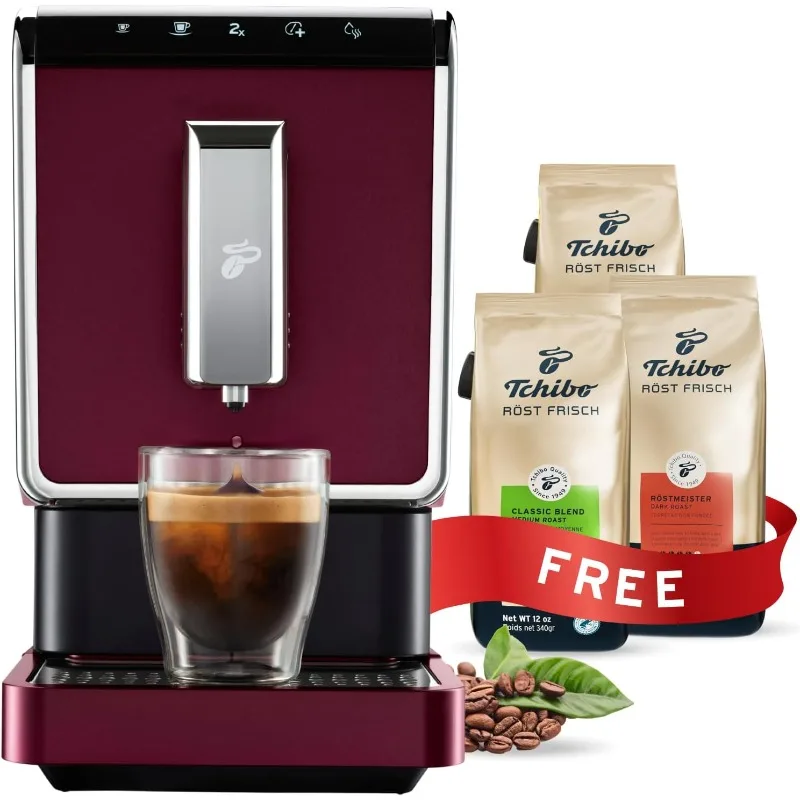 Tchibo Automatic Espresso & Coffee Machine Bundle with Built-in Grinder, Comes With 3 x 12 oz. Bags of Whole Bean Coffee, Red