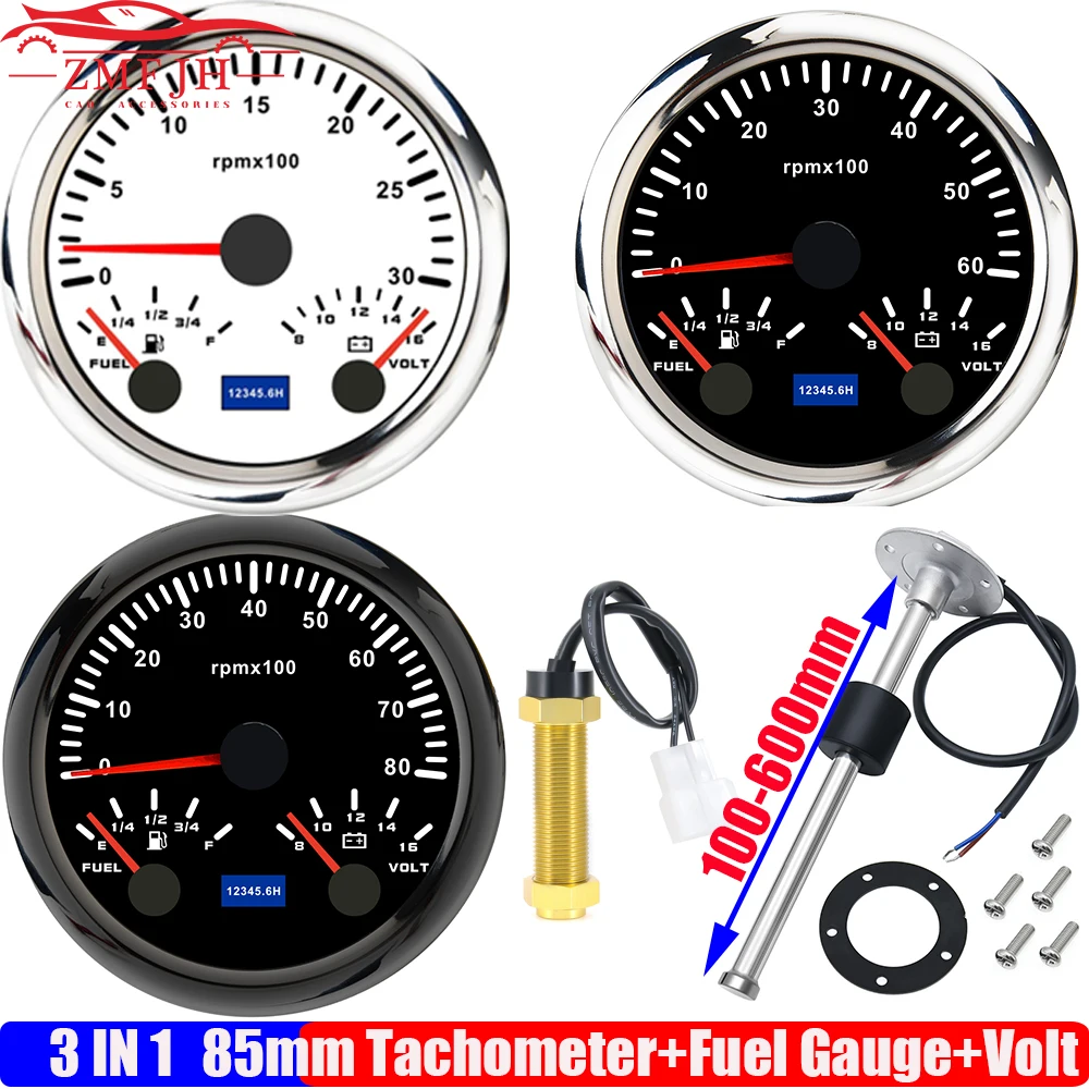 Custom 7 Colors 85mm Gauge 3 IN 1 Tachometer Fuel Level Guage Voltage For Oil Level Sensor 0-190 ohm Auto Car Boat Yacht 12V