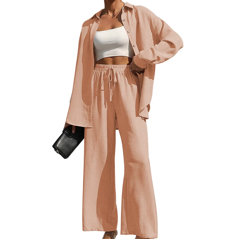 Dames effen overhemd met knoopsluiting aan de voorkant en broek met wijde pijpen, tweedelige set, casual blouse met verlaagde schouder en lange mouwen, top en broek