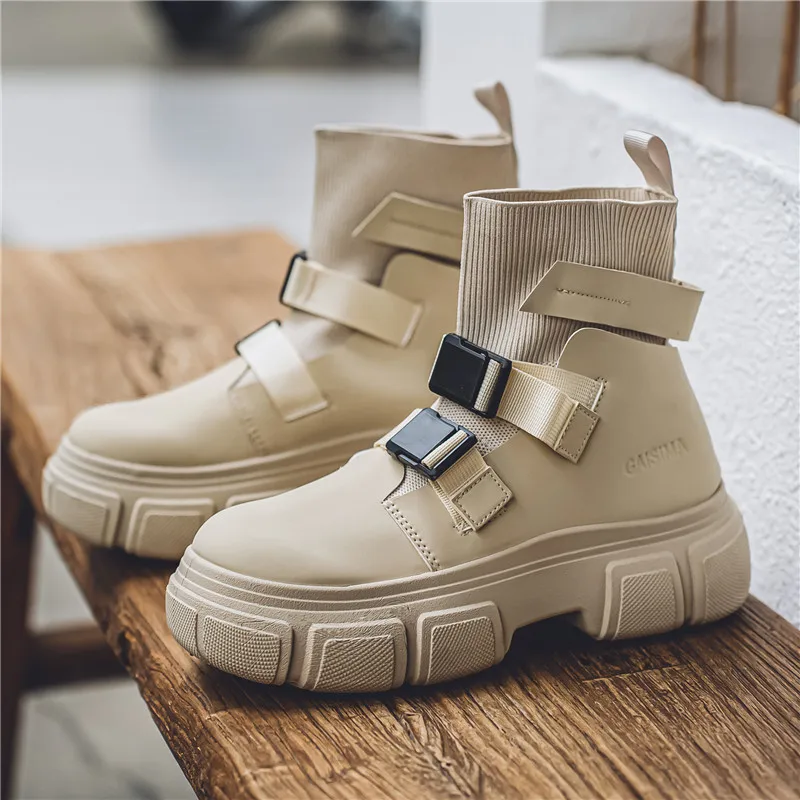 Original Platform Men's Boots Fashion Buckle Designer Boot Man Socks High Top Boot Street Style Beige Biker Ankle Boots For Men