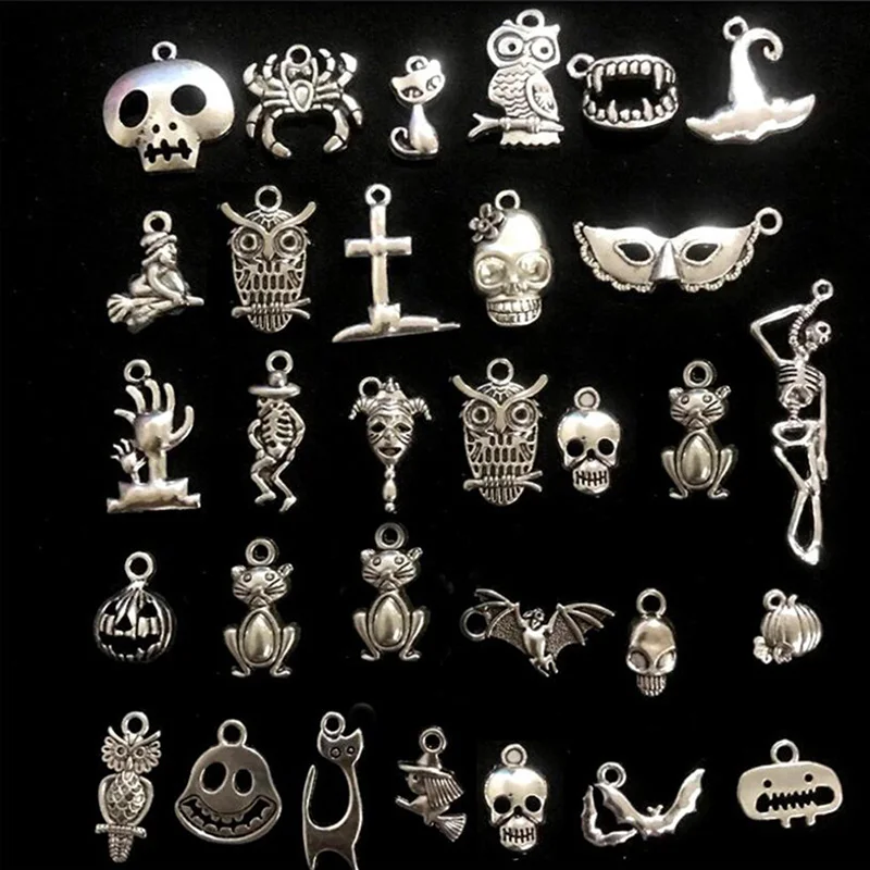 50Pcs Mixed Halloween Bat Skeleton Silver Charms Pendants DIY Jewelry Making