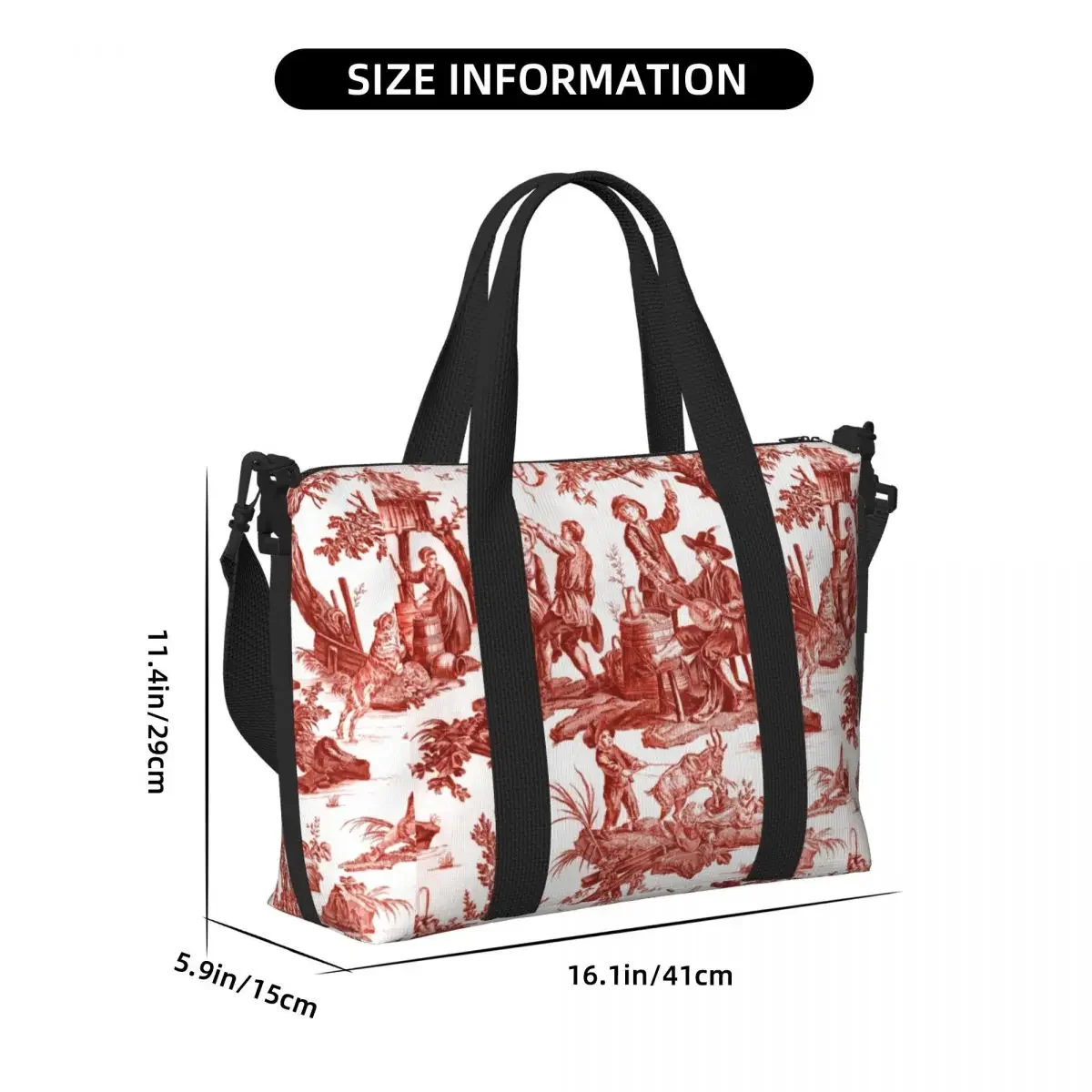 مخصص الأحمر والأبيض تويلي دي جوي البقالة حقيبة تسوق حقائب النساء سعة كبيرة الزخارف الفرنسية الأزهار شاطئ رياضة حقائب السفر