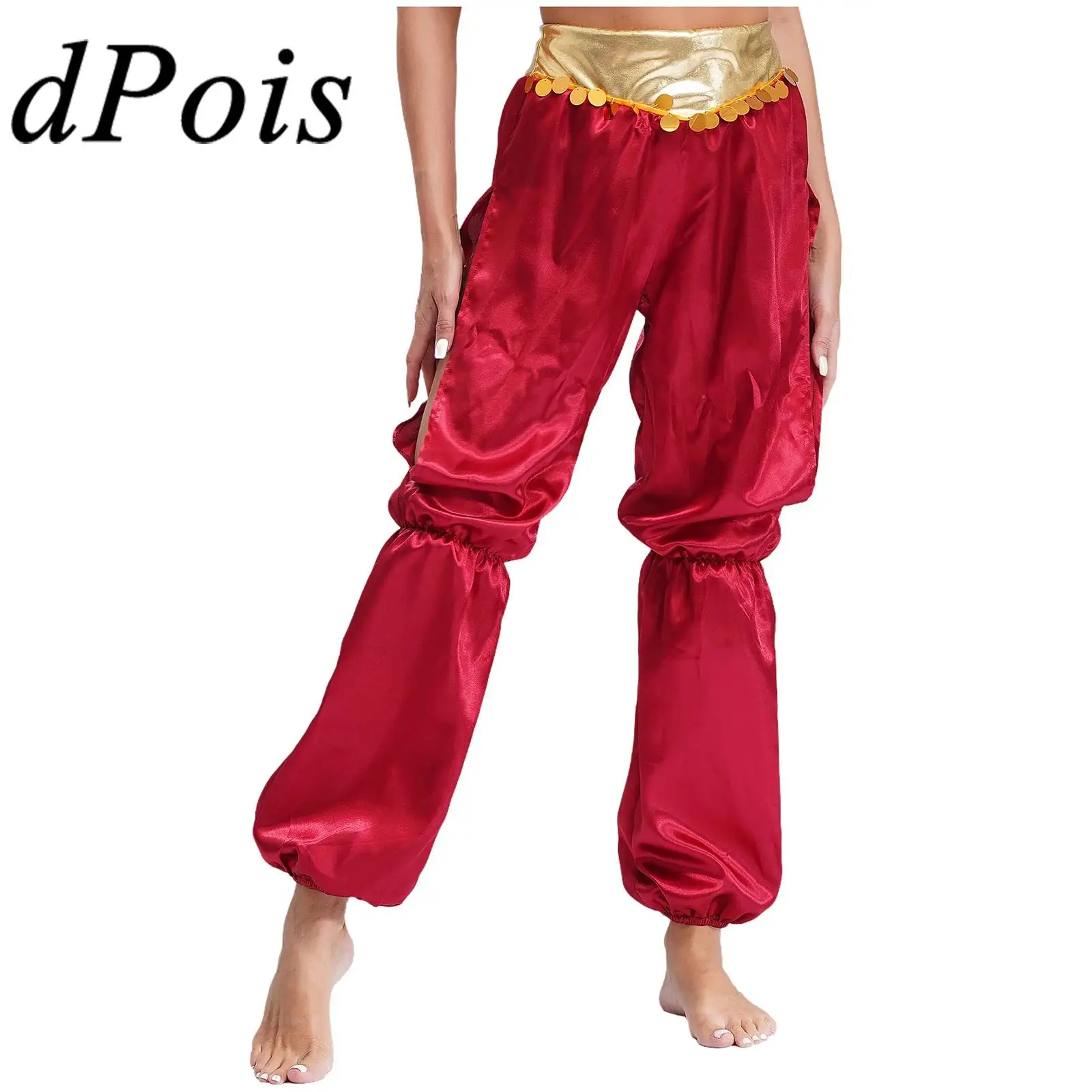 Women Belly Dance Costume Halloween Arabian Princess Cosplay Metallic Ruched Waistband Bloomers Side Split Pants Bellydance Wear