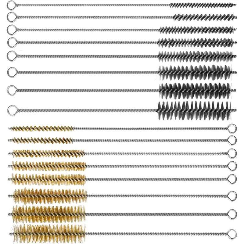 ABFI Engine Brass Stainless Steel Cleaning Brush Set(16Pcs), 12Inch Round Wire Pipe Cleaner For Deep Tube Applications