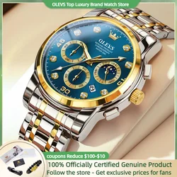 OLEVS Top Brand Men's Watches Classic Three Dial Chronograph Original Movement Quartz Watch for Man Waterproof Moon Phase Date