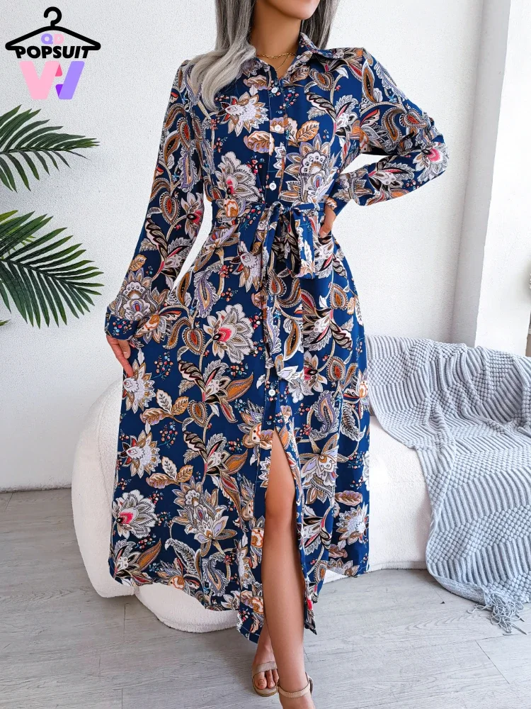 

Women Long Dress New in Spring Autumn Elegant Print Vintage Turn Down Collar Button Long Sleeve Lace Up Preppy Style Shirt Dress