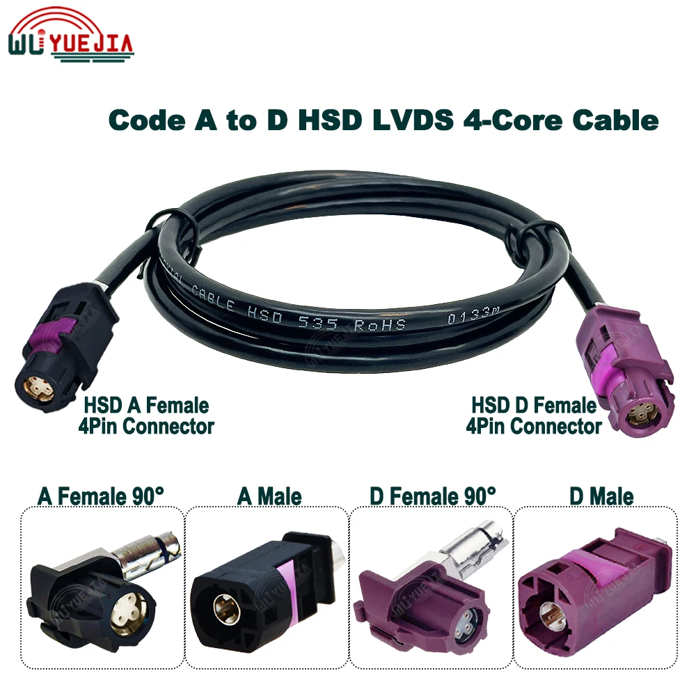 

Black HSD 4 Pin Code A Male to D Female Connector High Speed Data HSD LVDS Cable 4-Core 535 Line Wire Harness for Benz BMW Audi