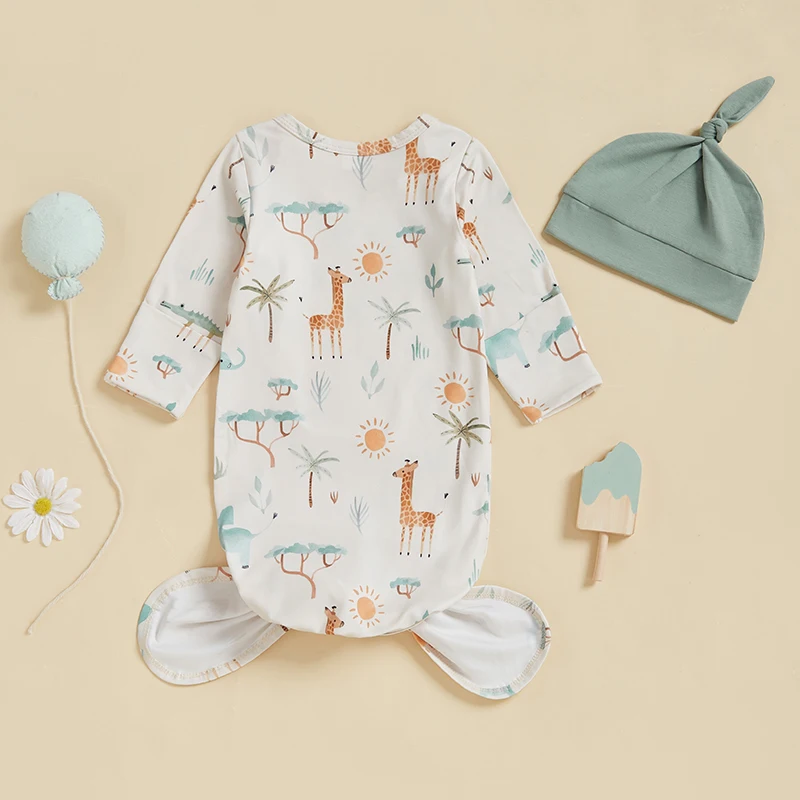 ถุงนอนเด็กทารกสัตว์พิมพ์แขนยาวถุงนอนพร้อมหมวกผูกปมชุด 2 ชิ้น