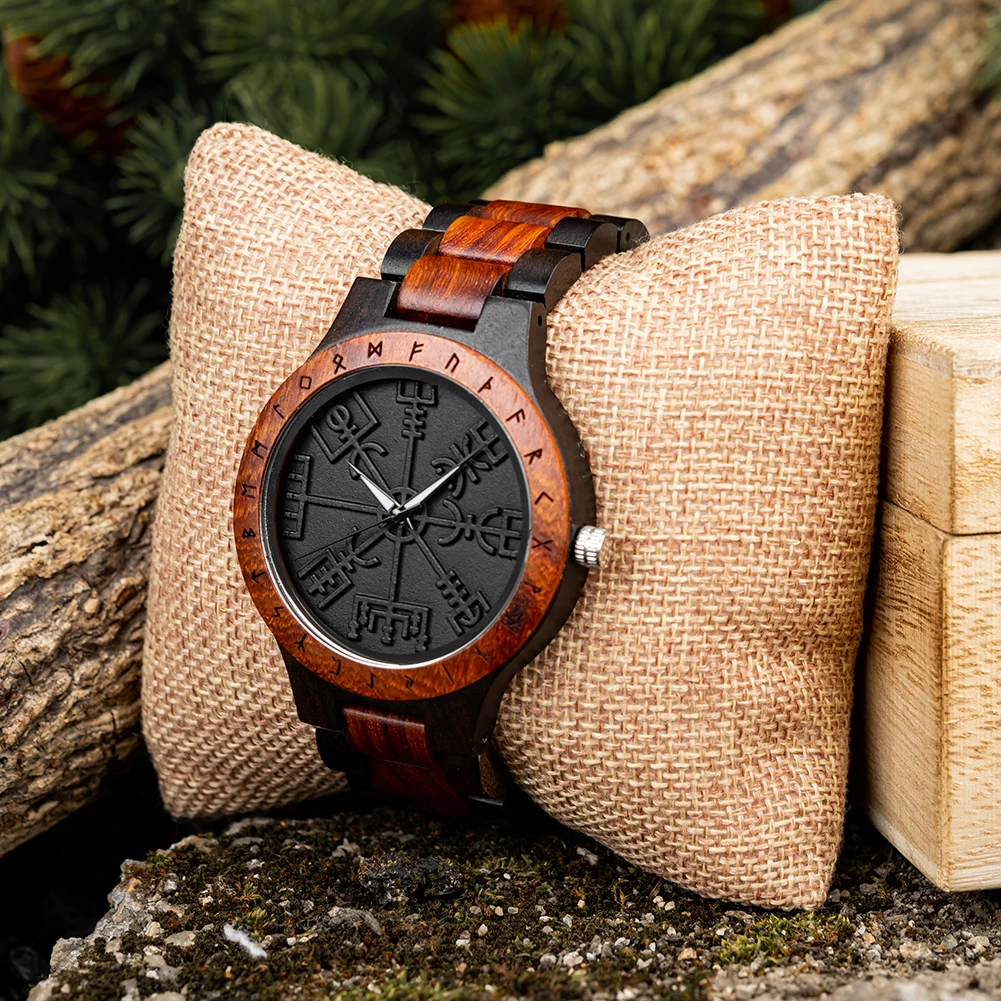 BOBO BIRD Watches For Man Viking Odin Rune Men Quartz Wristwatches Cultural Totem Dail With Wooden Strap reloj de hombre