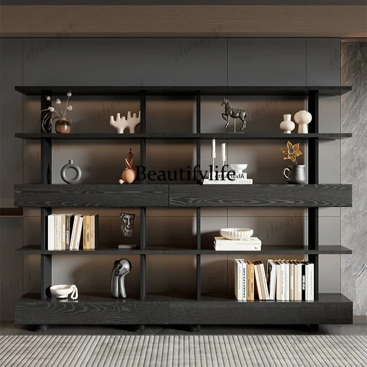Italian minimalist pure solid wood display cabinet, integrated storage cabinet, wall bookcase, high-end furniture