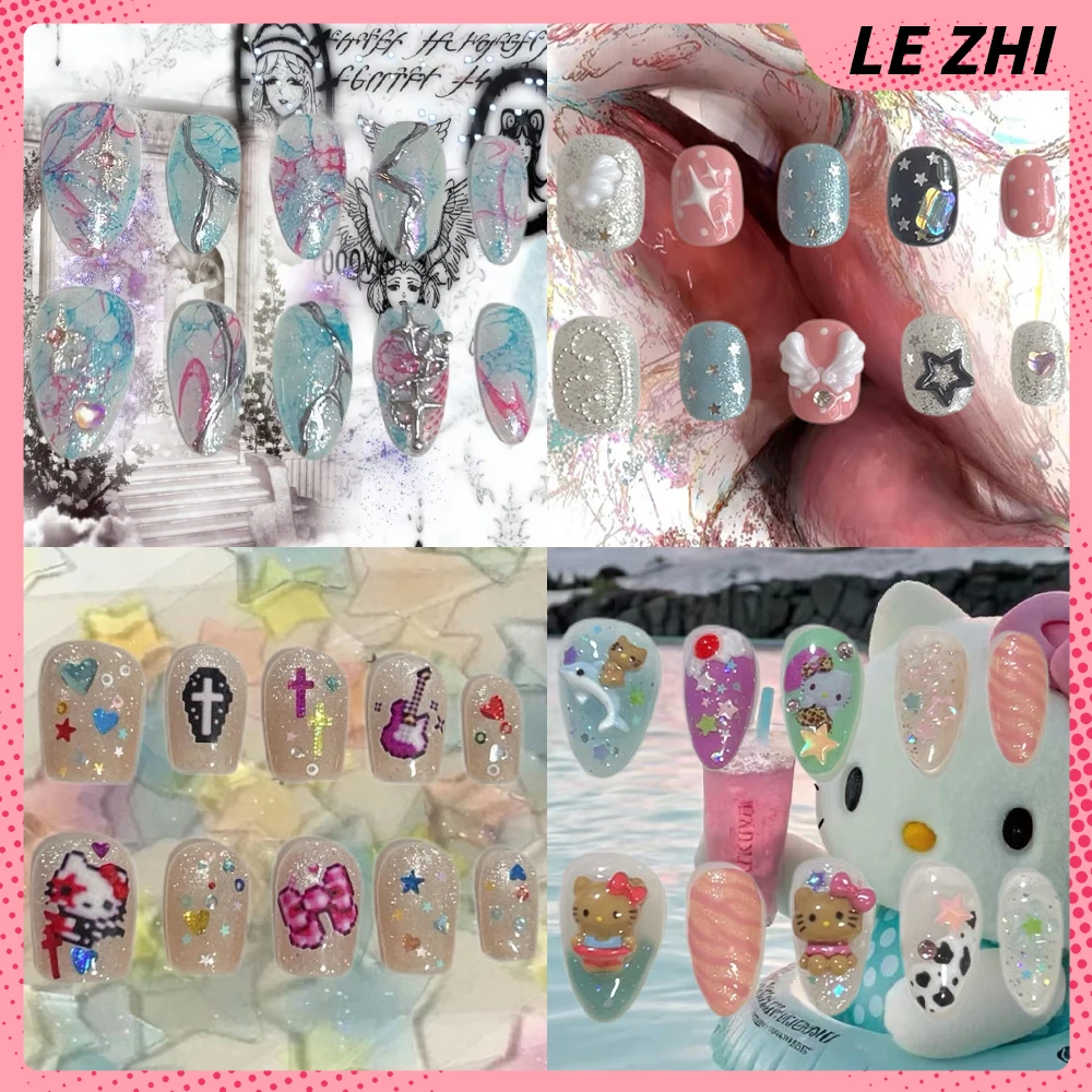 

Y2K Spicy Girl Hello Kitty Handmade Reusable Full Cover Nail Glitter Sequins Metal Guitar Musical Note Diamond Bow Press On Nail