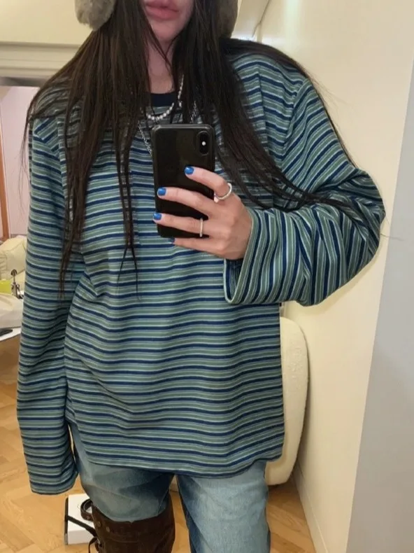 

Шикарная ретро цветная полосатая футболка Thiened Long Sve, женская свободная футболка Lazy Sle, весеннее новое поступление, корейская мода