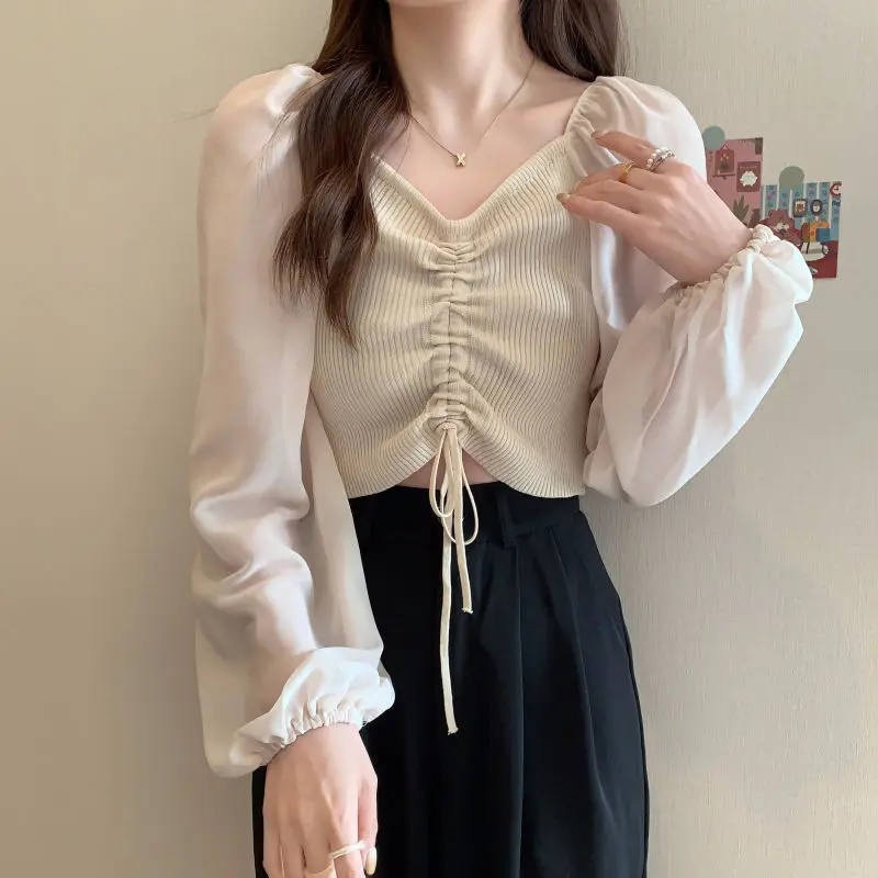 

Drawstring V Neck Short T Shirts Summer New Long Sleeve Solid Patchwork Lacing Sweet Tops Tees Fashion Casual Women Clothing