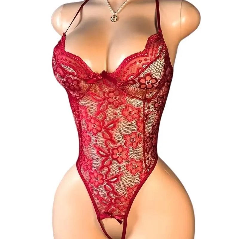  Lenceria Para Damas For Woman Body Bodysuit Perspective Lace Pajamas One Piece V-neck Crotchless Teddy Baby Doll Costume